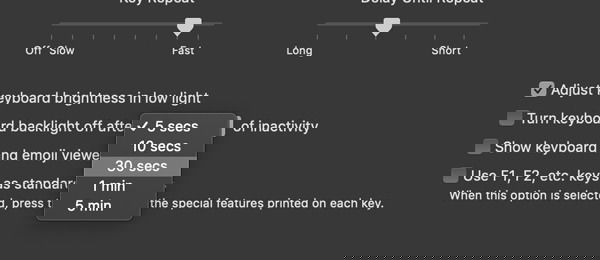 Выбор времени простоя для отключения подсветки клавиатуры