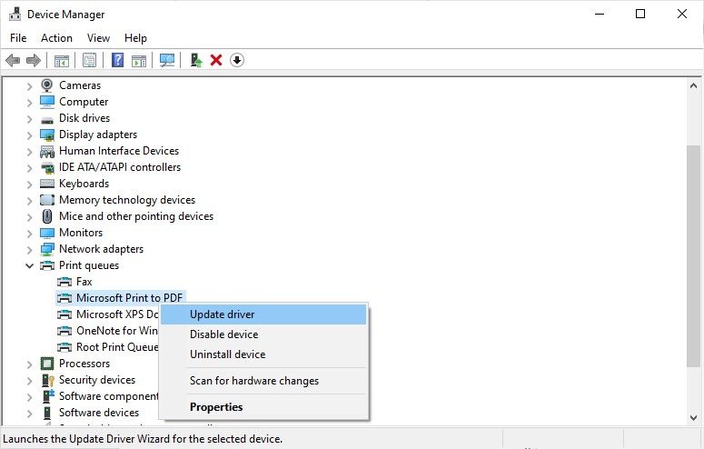 Меню опций в Диспетчере устройств Windows