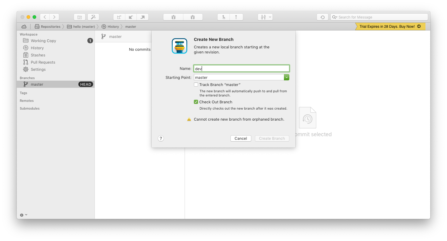 Скриншот Tower: диалог создания ветки и выбор начальной точки