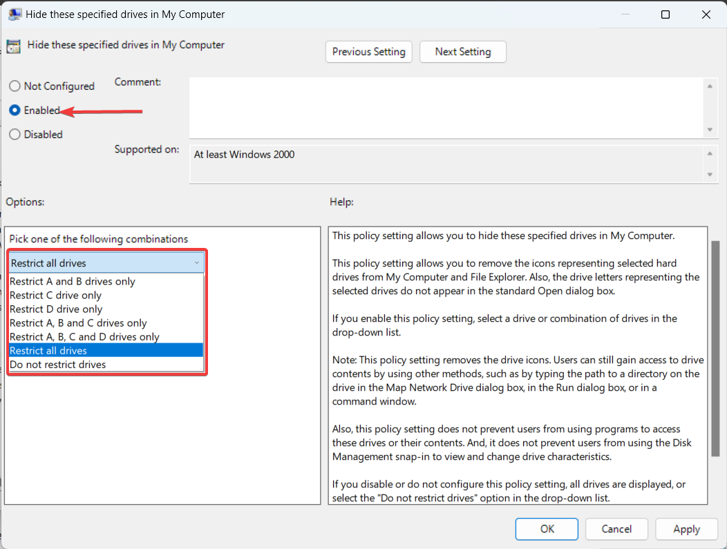 Применение параметров политики Hide these specified drives in My Computer