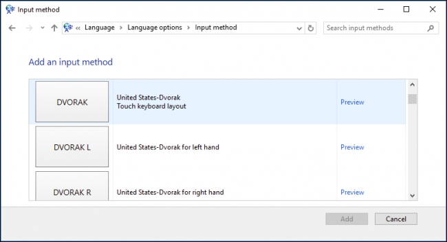 Выбор Dvorak в списке раскладок
