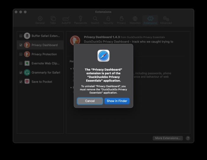 Диалог удаления расширения с подсказкой 'Show in Finder'