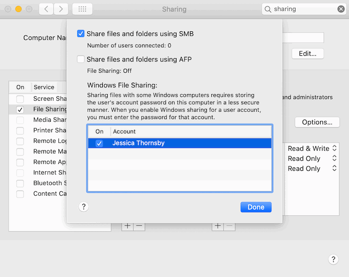 Выбор учётных записей для общего доступа Windows