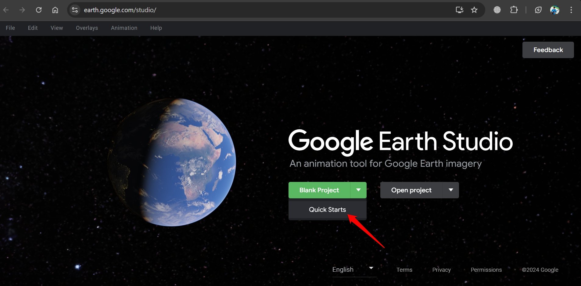 Меню Quick Starts в Google Earth Studio