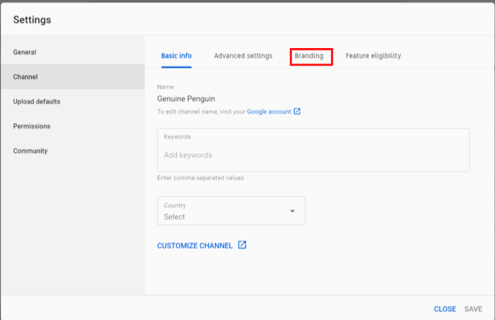Вкладка Брендинг в настройках канала
