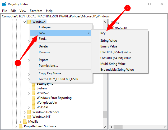 Щёлкните «Windows», выберите «New», затем «Key».