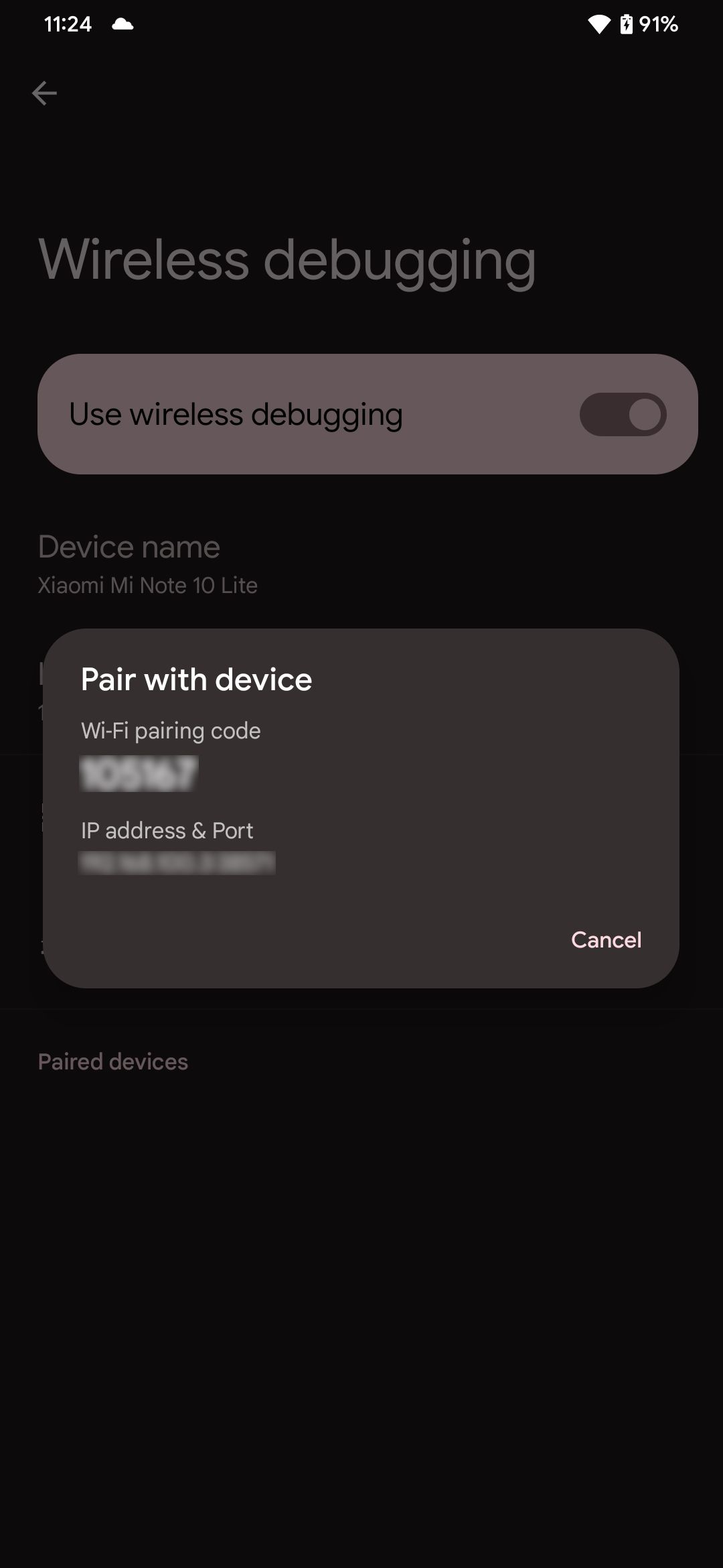 android wireless debugging pair with device popup