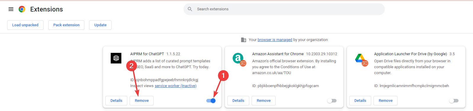Список расширений в Chrome с опцией отключения