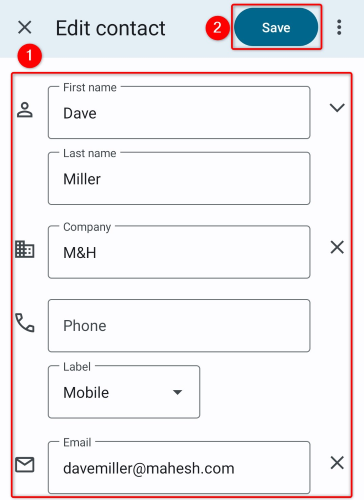 Снимок экрана приложения «Контакты» на Android: кнопка «Сохранить» вверху страницы редактирования.