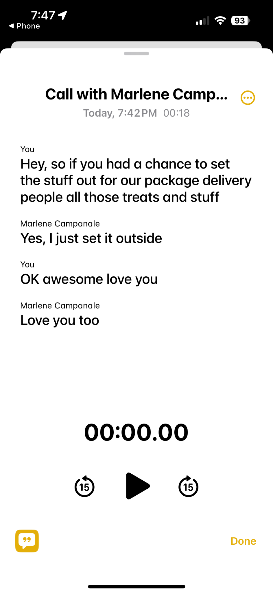 Скриншот расшифровки звонка в iOS 18 в приложении Заметки.