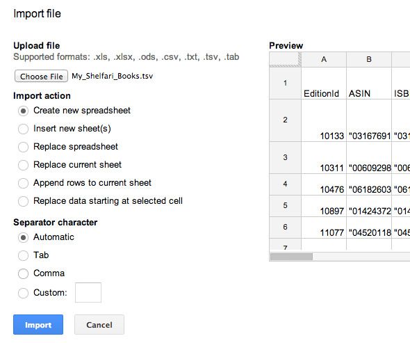 Интерфейс импорта Google Sheets с опциями