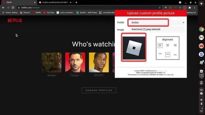 확장으로 Netflix 프로필 사진 업로드하는 화면