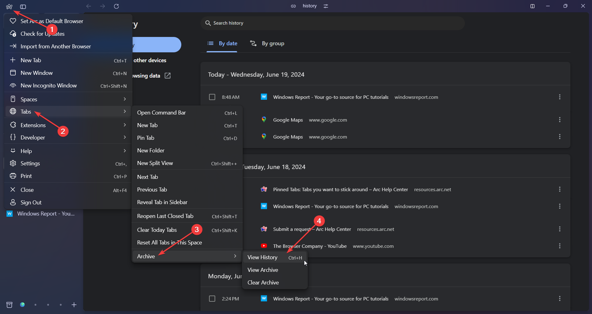 Меню Архив — просмотр истории вкладок в Arc