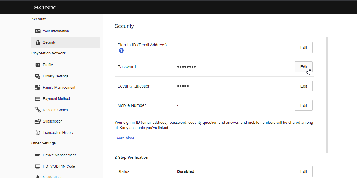 Редактирование пароля в настройках безопасности