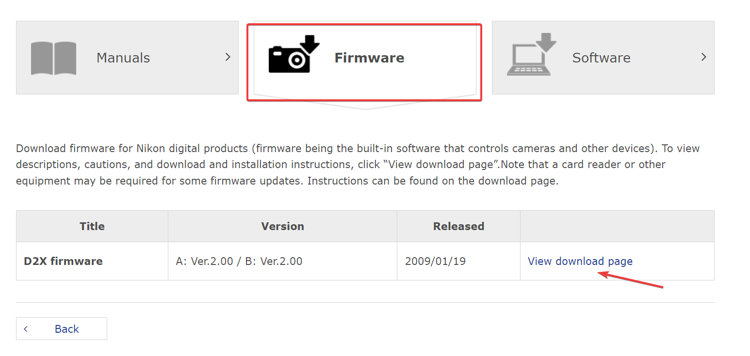 Страница загрузки прошивки Nikon