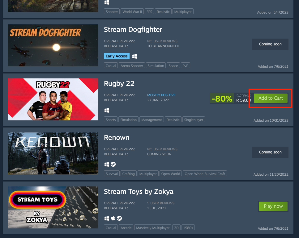Список желаемого Steam с несколькими играми.