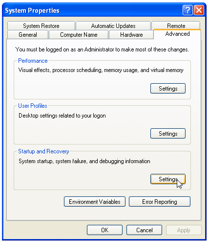 Окно Параметры загрузки и восстановления в Windows XP