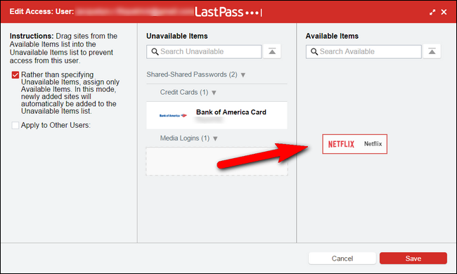 Окно распределения прав по элементам: доступные и недоступные элементы