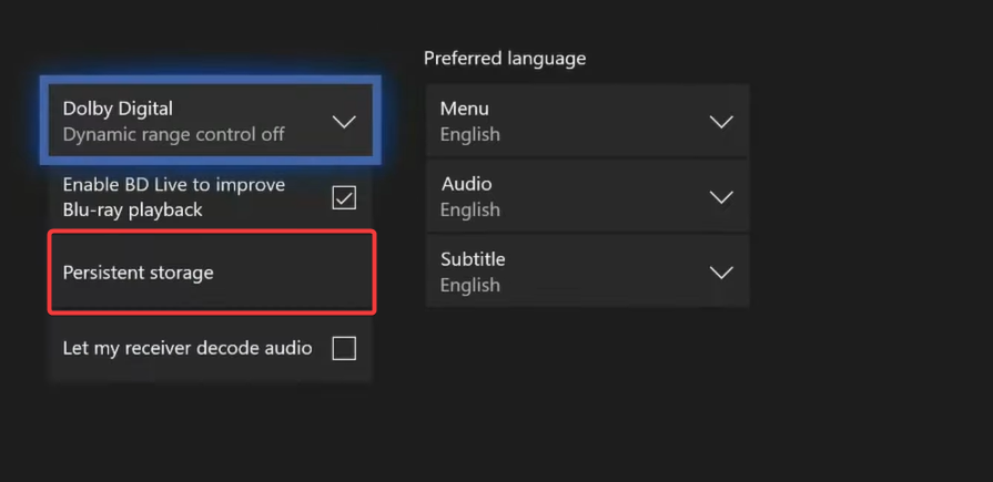 Настройки постоянного хранилища Blu‑Ray