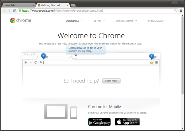 Приветственная вкладка Chrome с советами