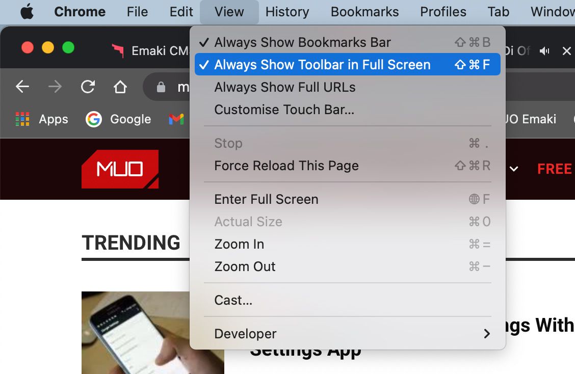Параметры настройки панелей инструментов в macOS