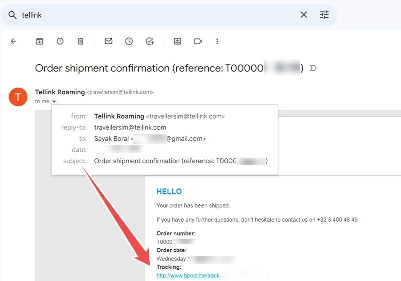 Подтверждение онлайн‑доставки Tellink — туристическая SIM для Европы.