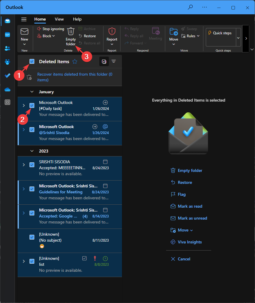 Удалить элементы в Outlook — пример выделения