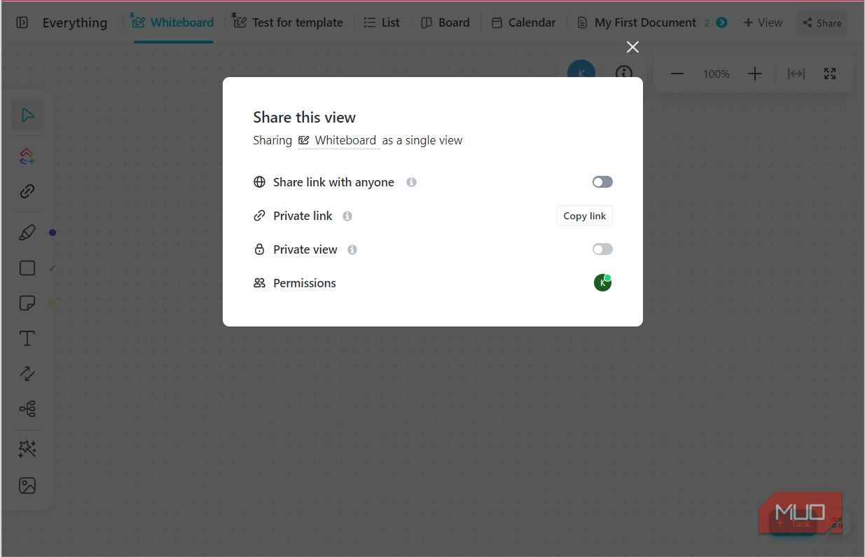 Опции шаринга в ClickUp Whiteboard