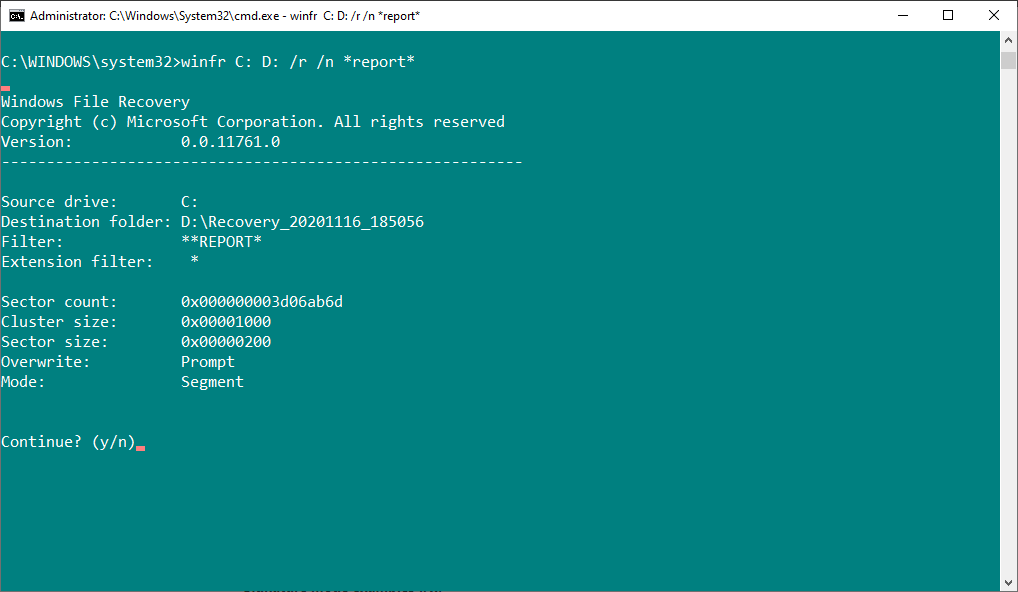 Выполнение сканирования Windows File Recovery на примере поиска по строке в имени файла