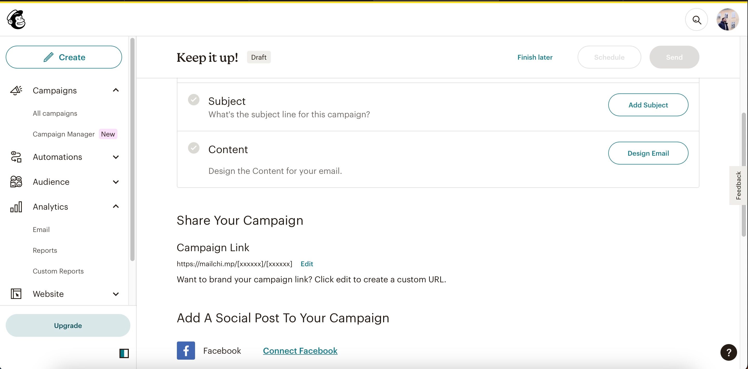 Секции Контент и Тема в Mailchimp