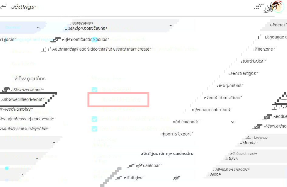 Параметр «Показывать отклонённые события» в Google Calendar
