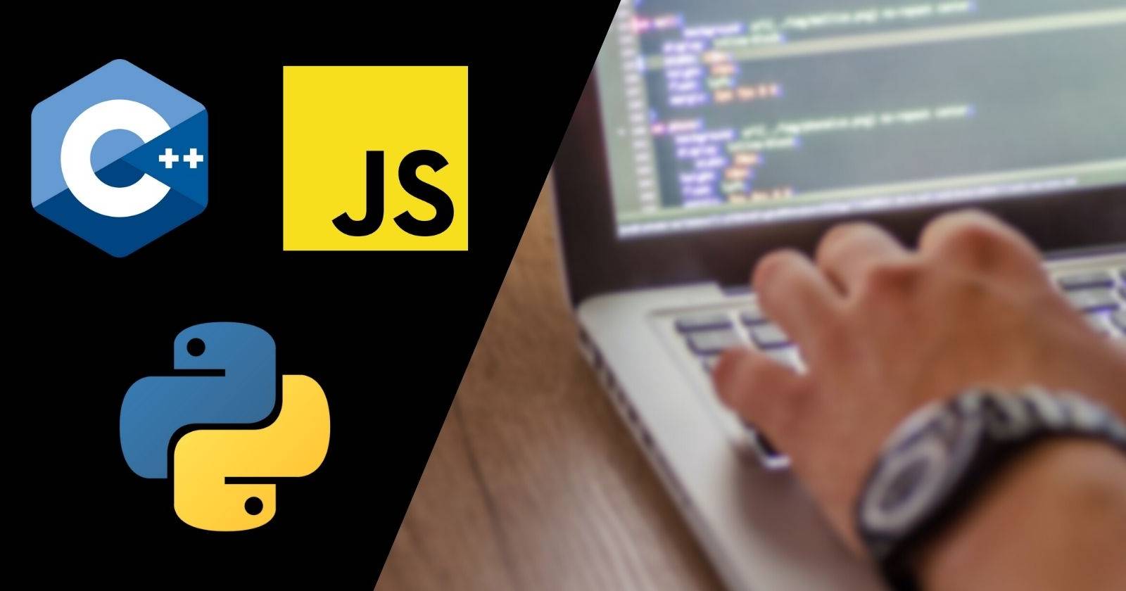 Человек за ноутбуком с логотипами C++, Python и JavaScript