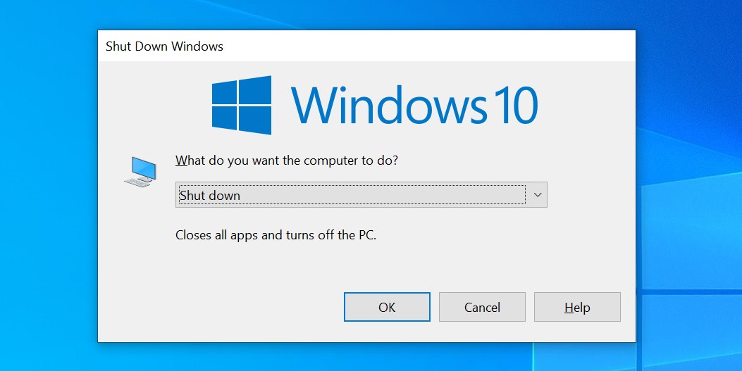 Скриншот окна завершения работы Windows с выпадающим списком действий