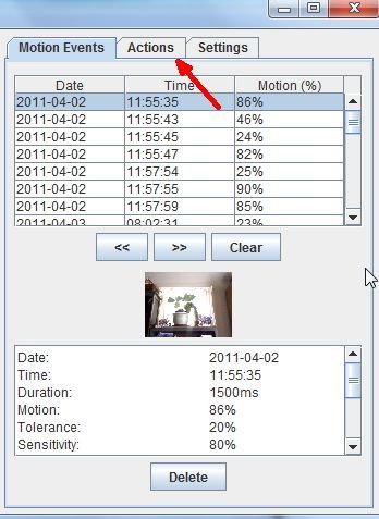 Вкладка Actions в YawCam для автоматизации