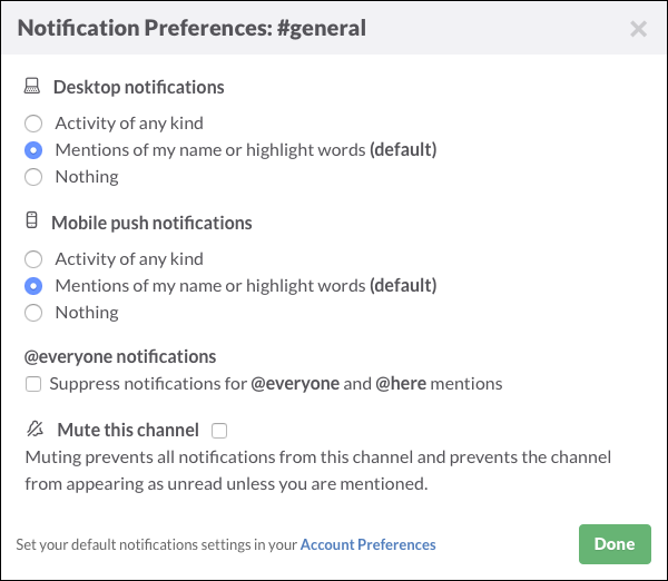 Меню настроек канала в Slack