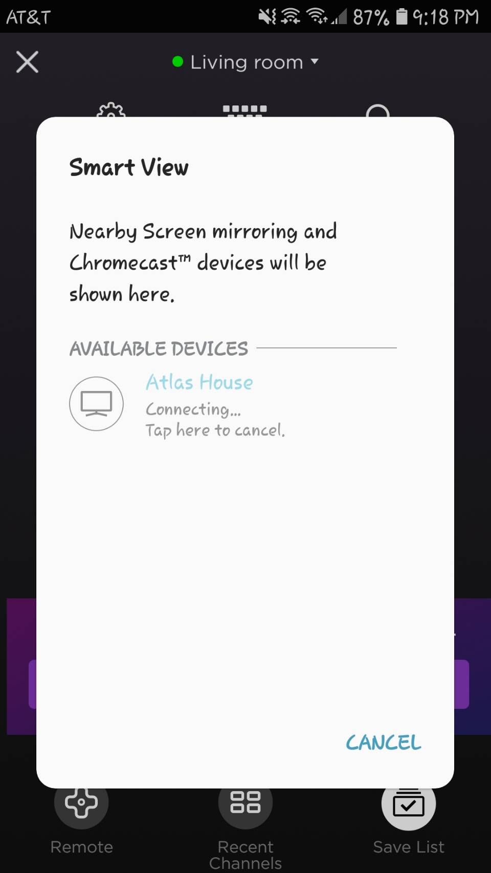 Выбор устройства Roku в Smart View на Android
