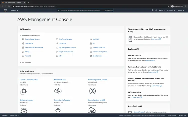 Основная консоль AWS