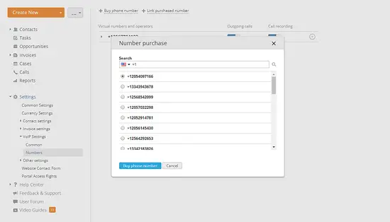 Окно выбора и покупки виртуального номера