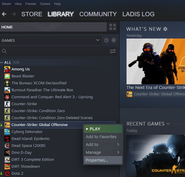 Меню свойств Counter-Strike: Global Offensive в Steam