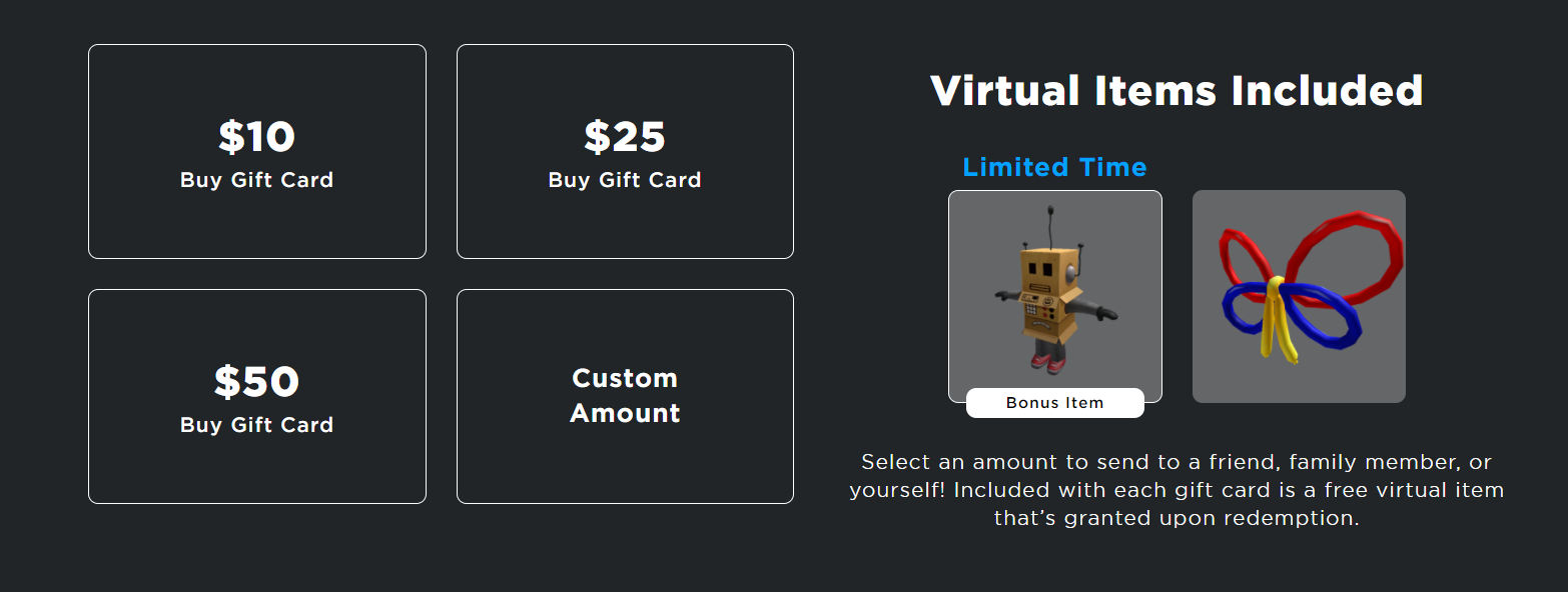 Подарочные карты Roblox с бонусным предметом