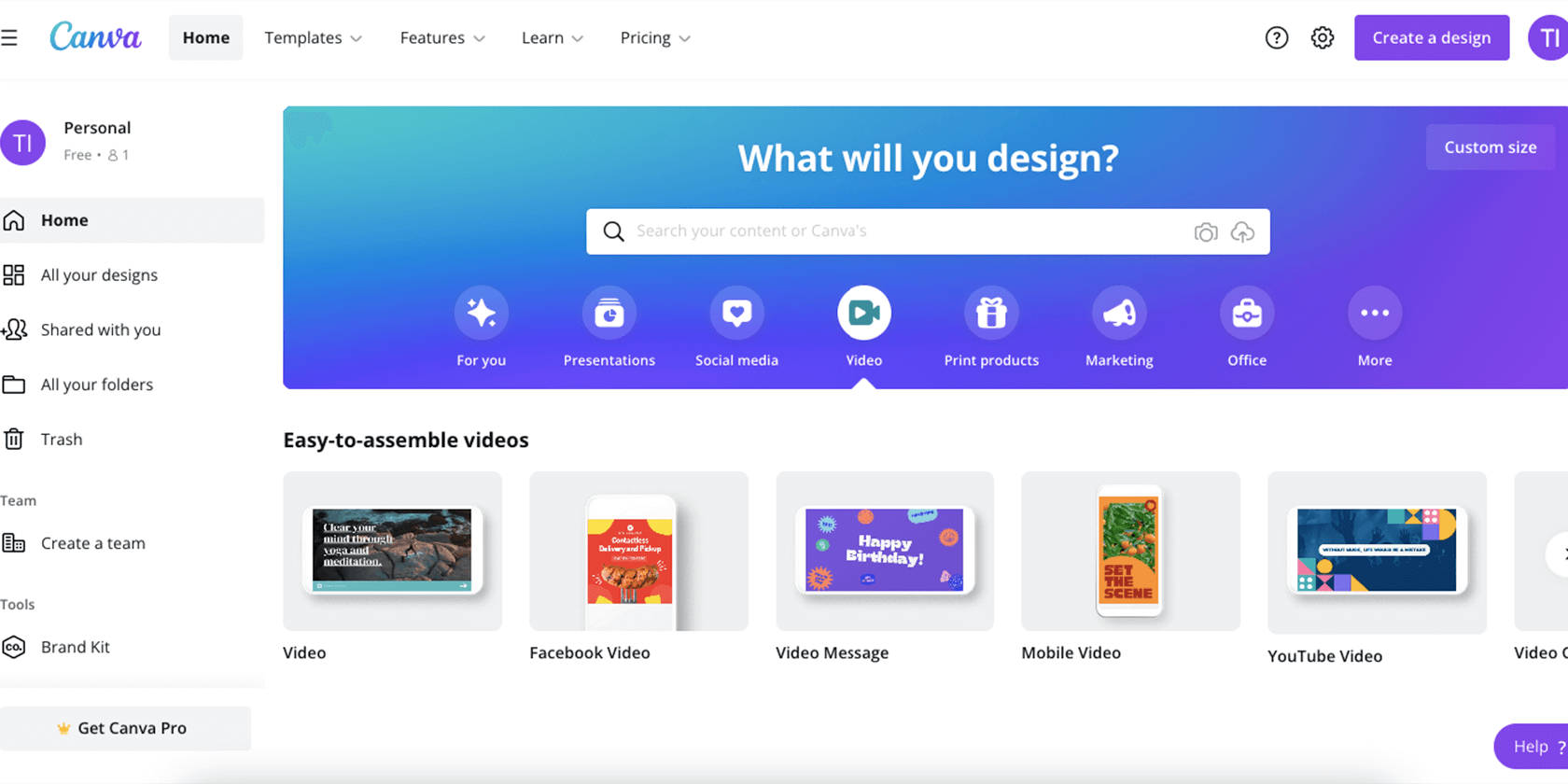Выбор типа проекта в Canva