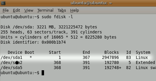 Вывод sudo fdisk -l с таблицей разделов