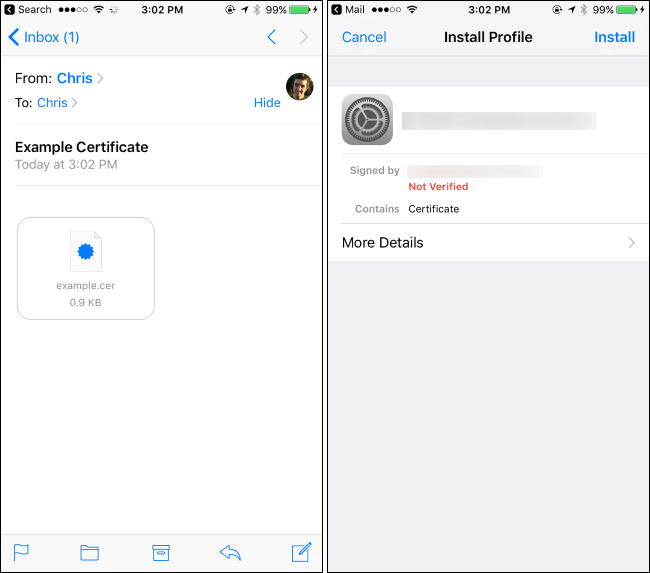 Экран импорта профиля сертификата на iPhone