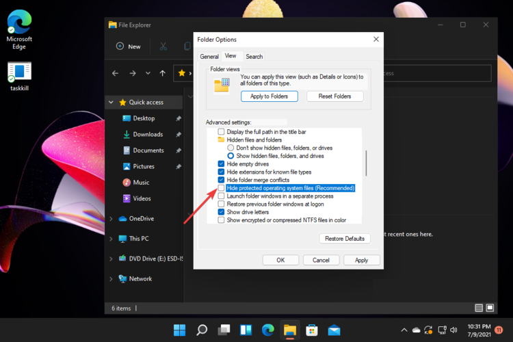 Опция скрывать защищённые системные файлы