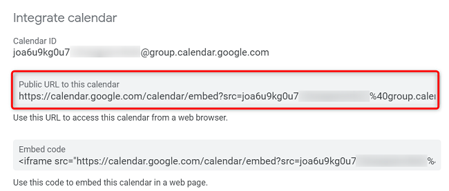 Скопируйте ссылку на публичный календарь в разделе Интеграция календаря