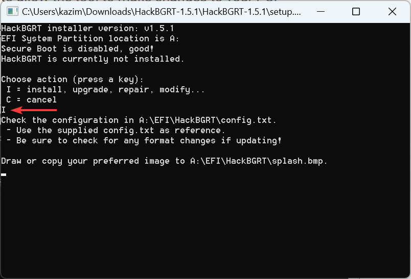 подтвердить установку нажатием I