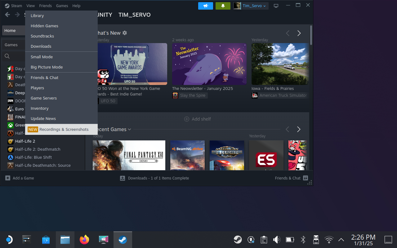 Окно Steam: просмотр скриншотов и записи в SteamOS.
