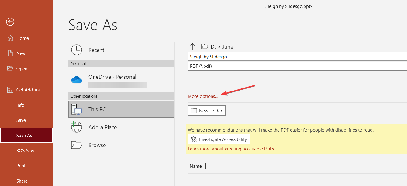 Кнопка 'Дополнительные параметры' при сохранении