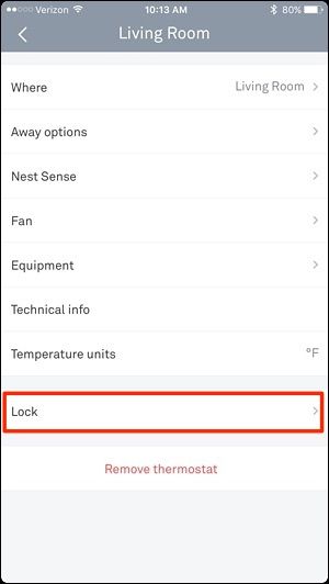Пункт «Блокировка» в меню приложения Nest