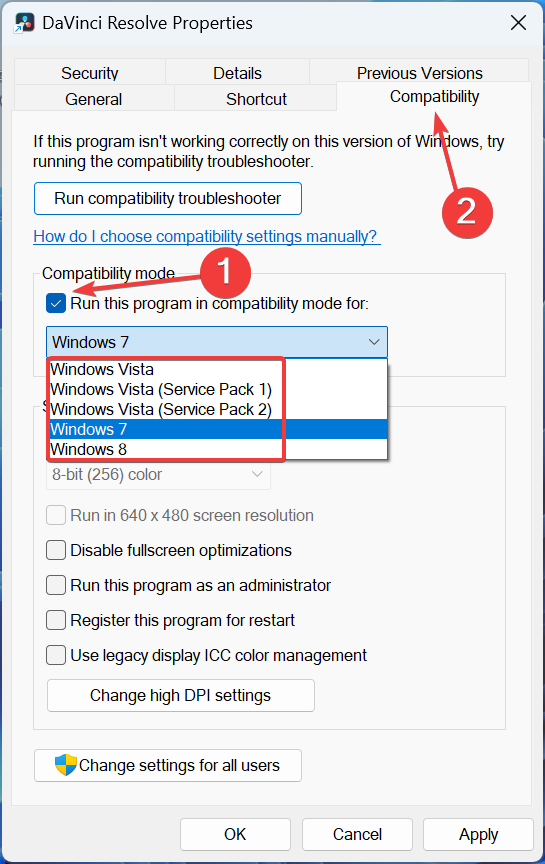 Включение режима совместимости для DaVinci Resolve